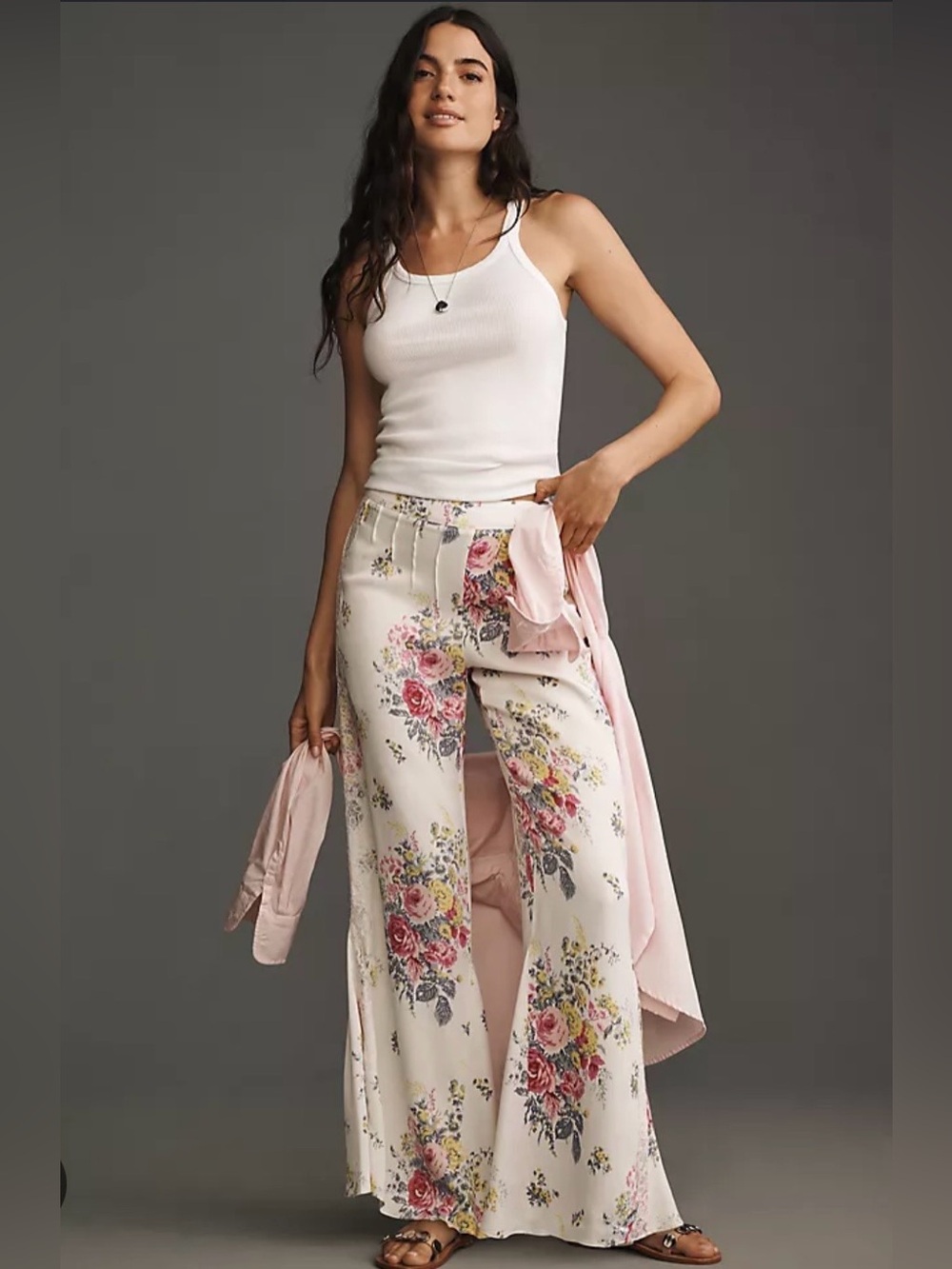 By Anthropologie Floral Lace Silky Flare Pants